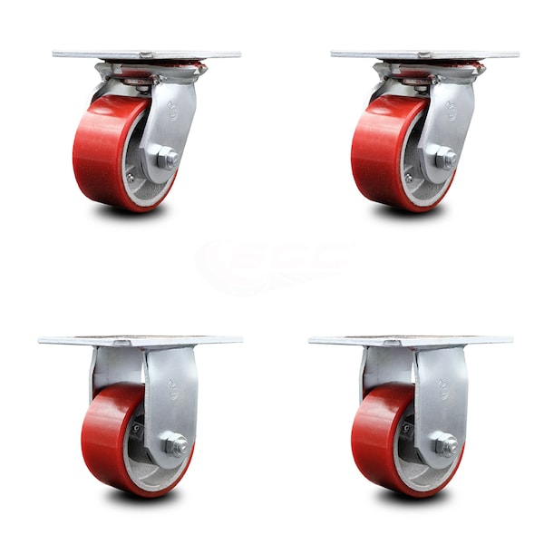 4 Inch Red Poly on Cast Iron Caster Set with Ball Bearings 2 Swivel 2 Rigid